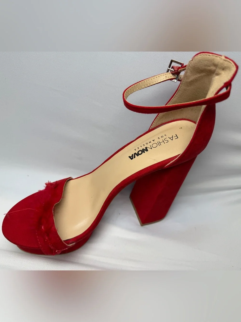 Fashion Nova Red Suede Block Heel Sandals with Ankle Strap and Fringe